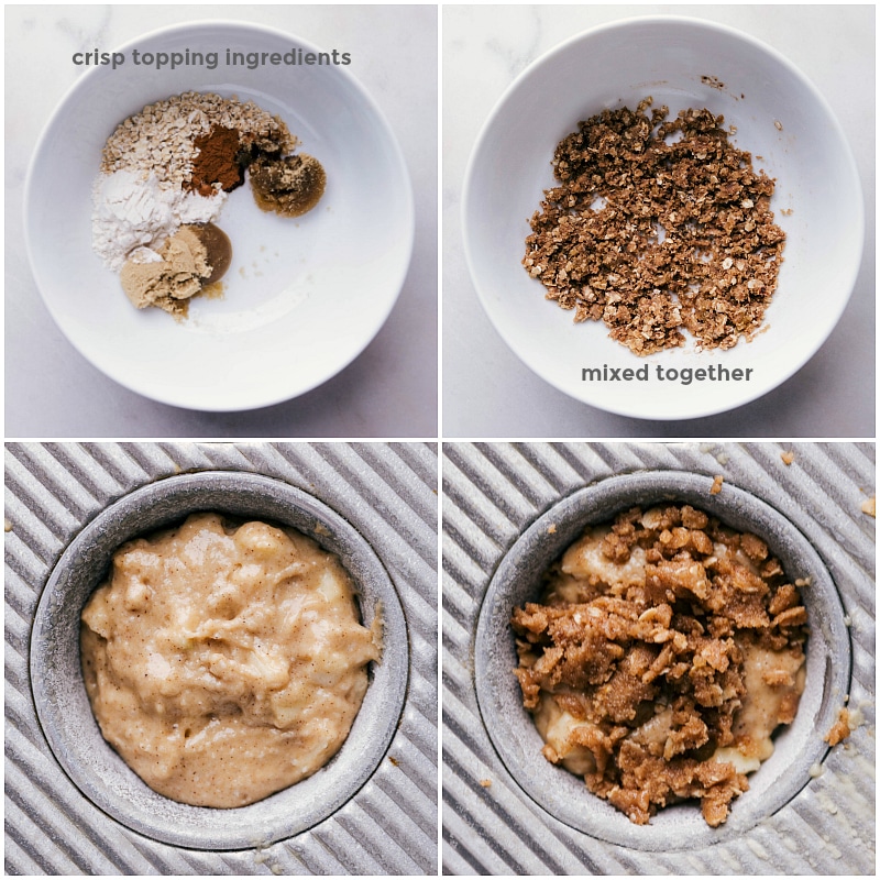 Creating the delicious crisp topping for breakfast using oats and brown sugar.