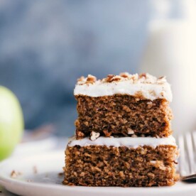Two slices of delectable applesauce cake stacked and ready to be savored.