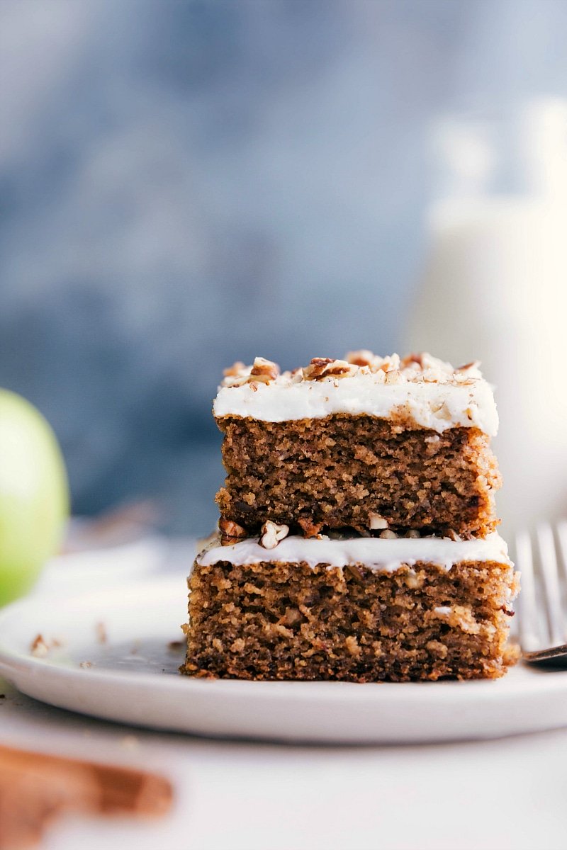 Two slices of delectable applesauce cake stacked and ready to be savored.