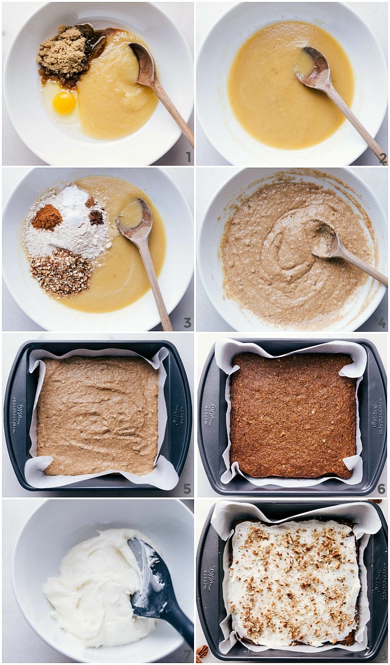 Mixing ingredients to baking and frosting the applesauce cake recipe.