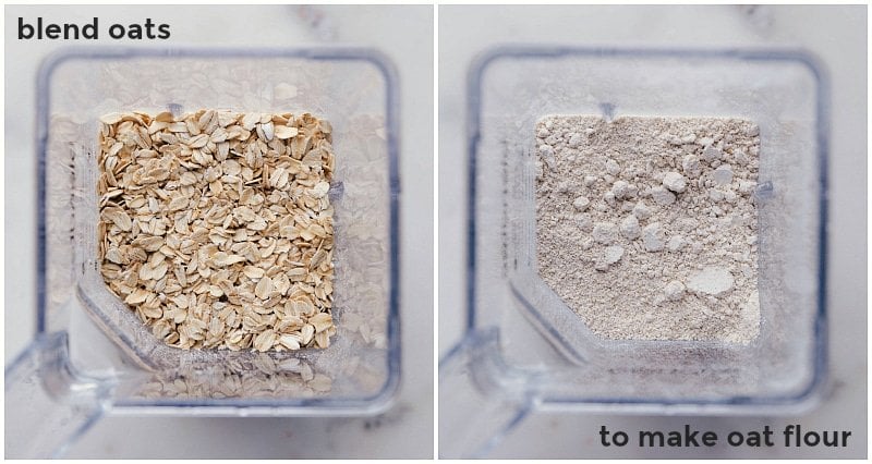 Making oat flour by placing oats in the blender and processing them until they are pulverized into flour.