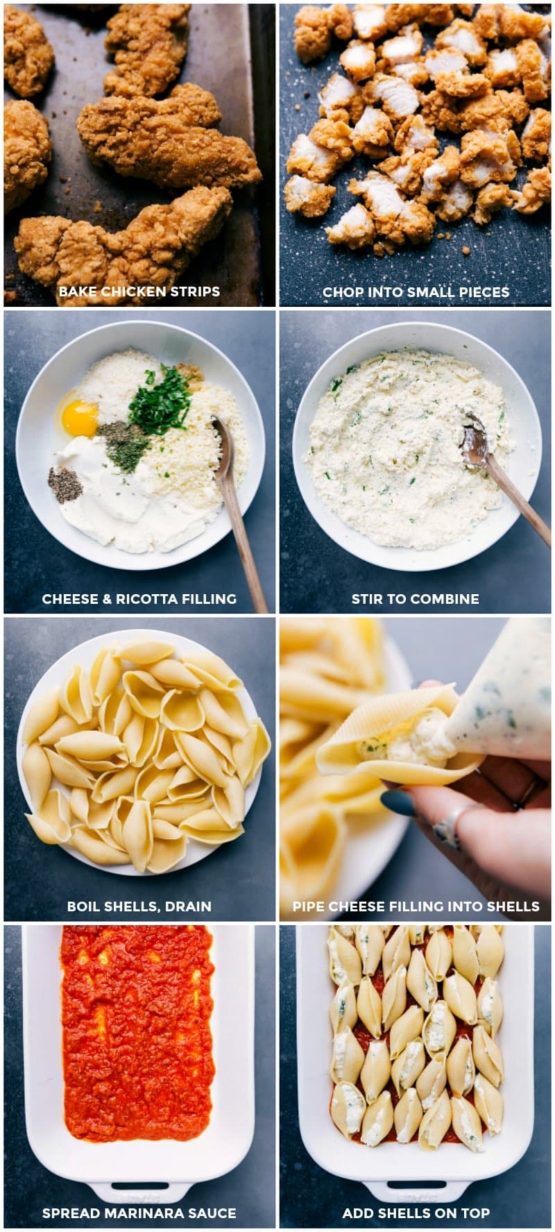 Baking chicken strips, cutting them into small pieces, mixing the cheesy filling, cooking the shells, filling the shells with cheese, spreading marinara sauce on the bottom of the pan, and adding the filled shells onto the marinara sauce.
