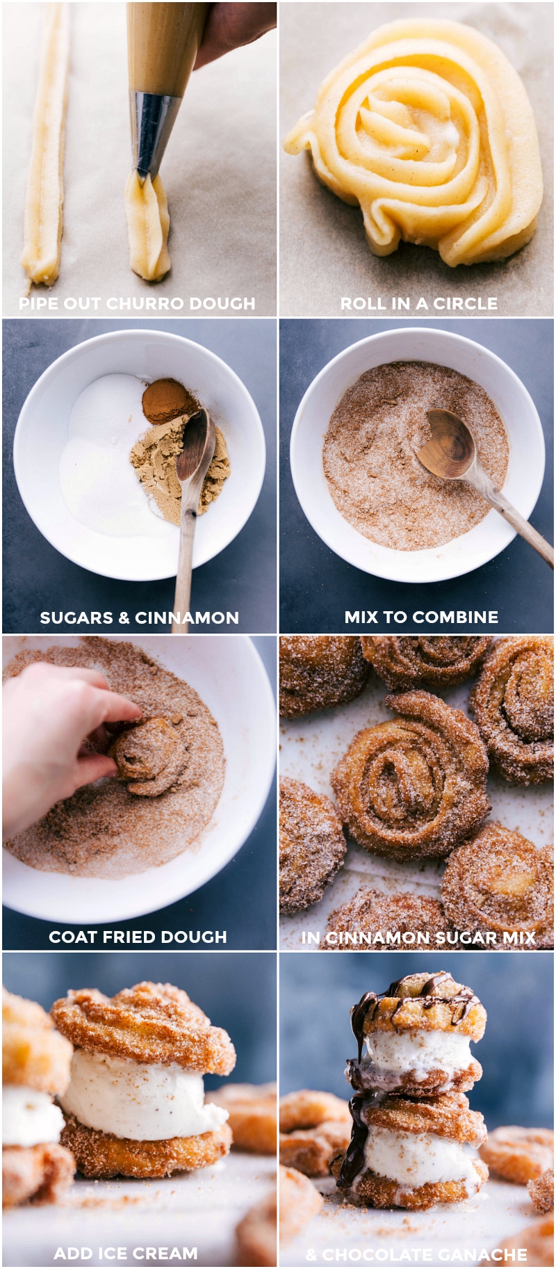 Dough piped into circles, with cinnamon sugar prepared, fried dough dipped in sugar, and ice cream placed in the center.