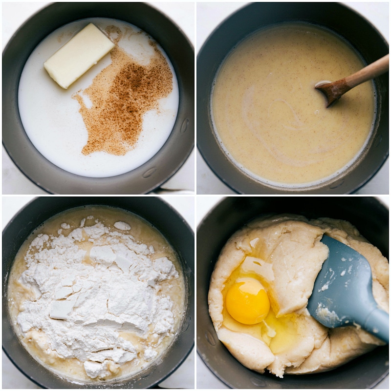 Process shots-- images of the dough being made in a sauce pan and ingredients being mixed together