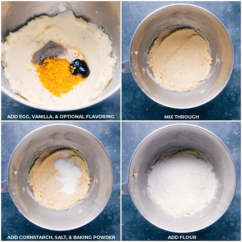 Process shots of Cut-Out Sugar Cookie Recipe-- images of the eggs, vanilla, cornstarch, salt, baking powder, and flour being added to a bowl