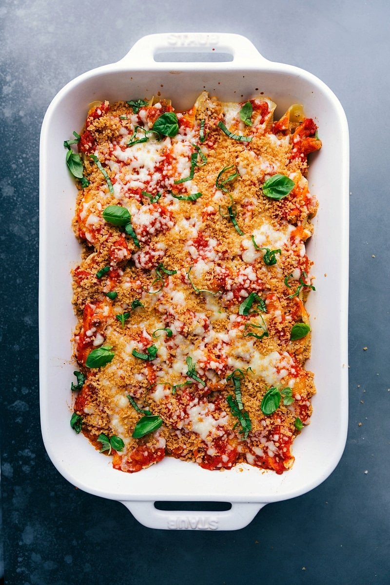 Overhead view of Chicken Parm Stuffed Shells, ready to be served.