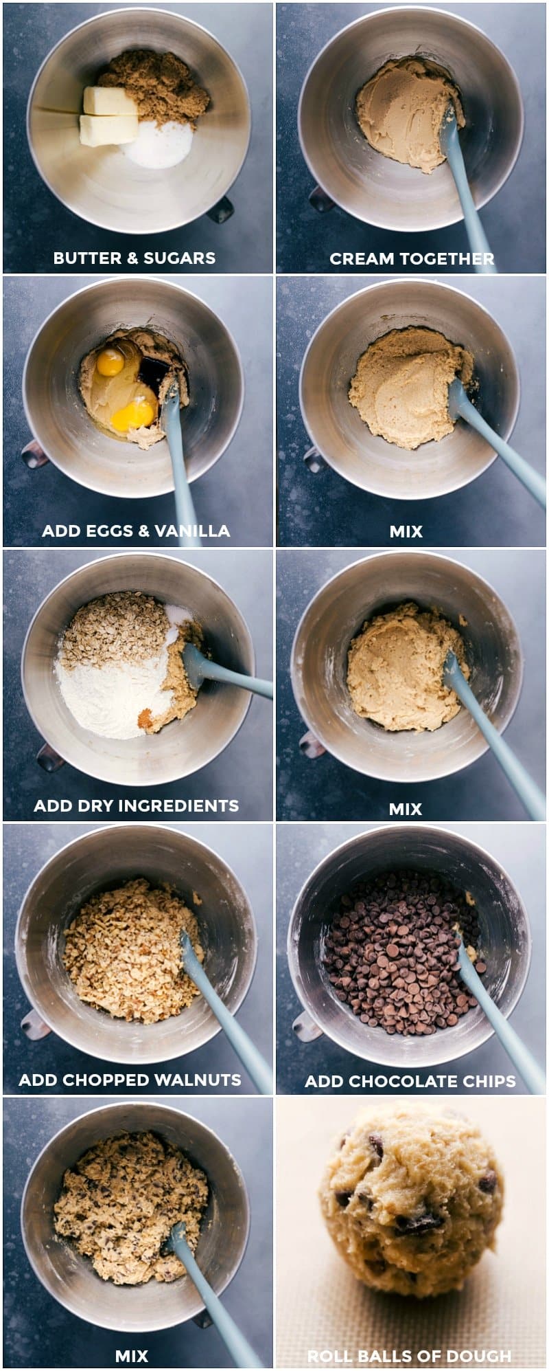 Progression from creaming butter and sugars to adding eggs, vanilla, dry ingredients, walnuts, and chocolate chips, finishing with dough balls.