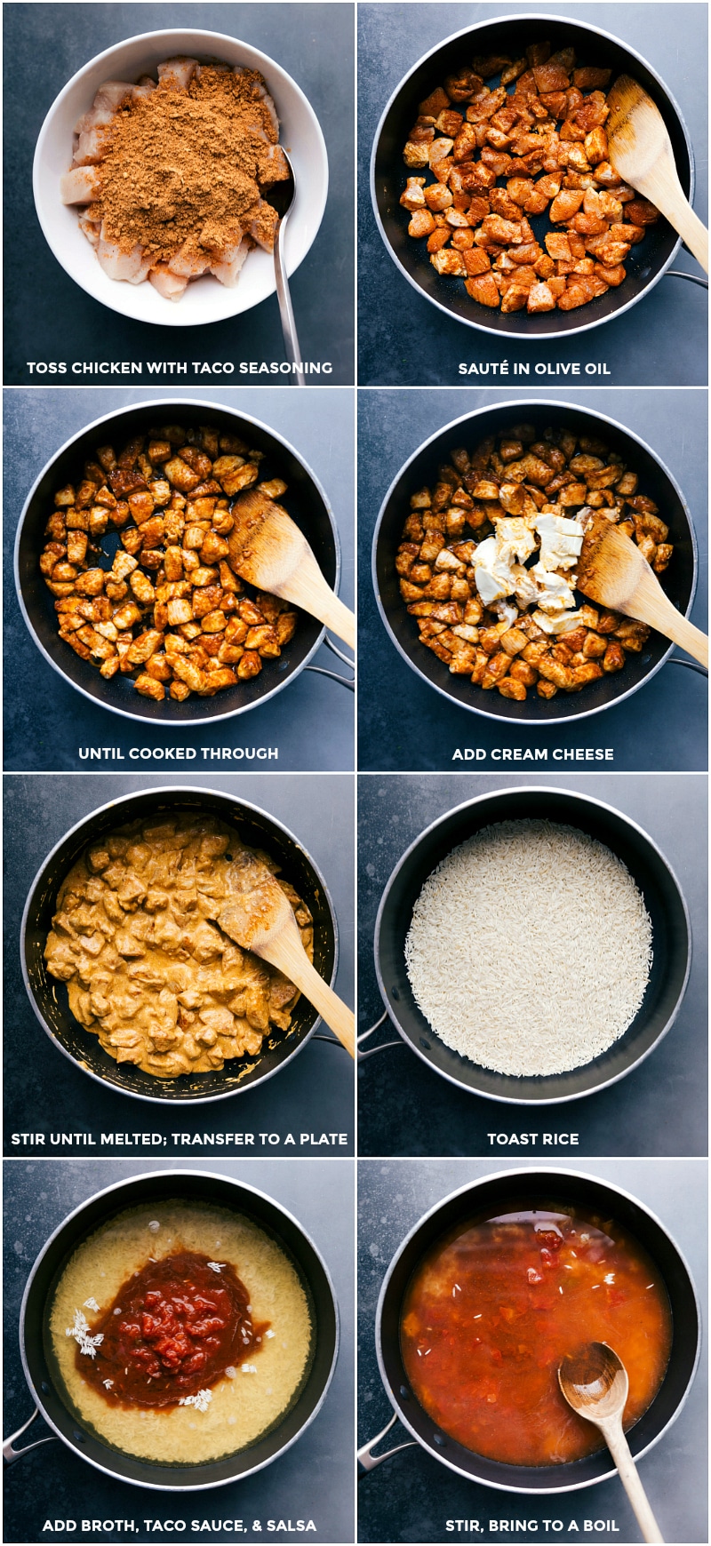 Seasoning chicken, sautéing, melting cream cheese, toasting rice, simmering with sauce.