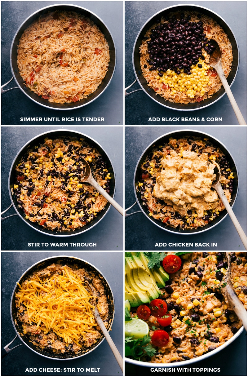 Simmering rice in broth, stirring in black beans and corn, adding cooked chicken, melting in cheese, and topping with garnishes for Mexican Chicken and Rice.