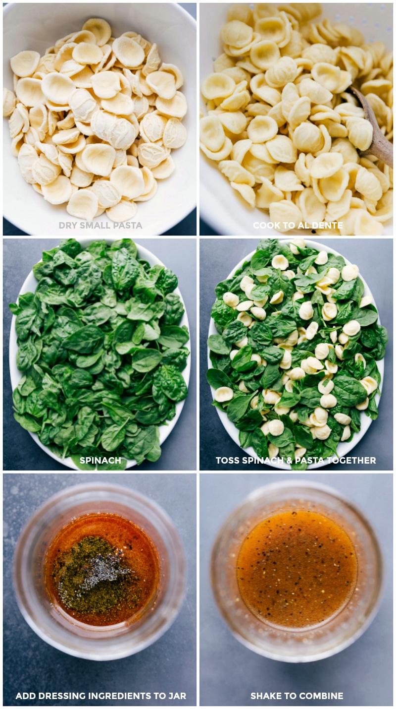 Process shots-- images of the pasta being cooked, spinach being prepped, and dressing being made