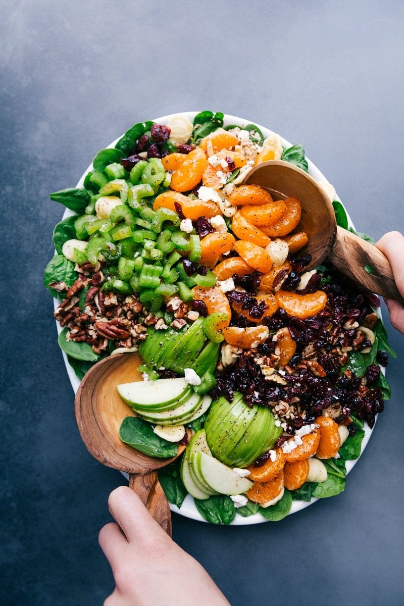 Overhead image of the autumn crunch pasta salad with spoons in it