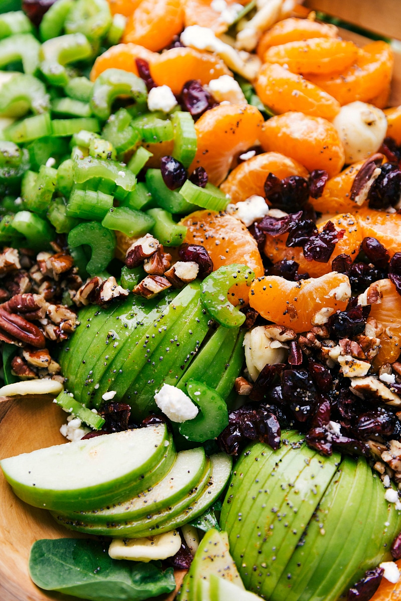 Up close overhead image of the autumn crunch pasta salad dressed and ready to be eaten