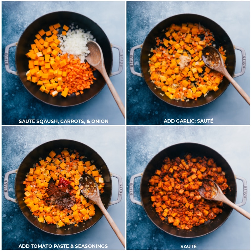 Process shots-- images of the squash, carrots, onions, garlic, tomato paste, and seasonings being added