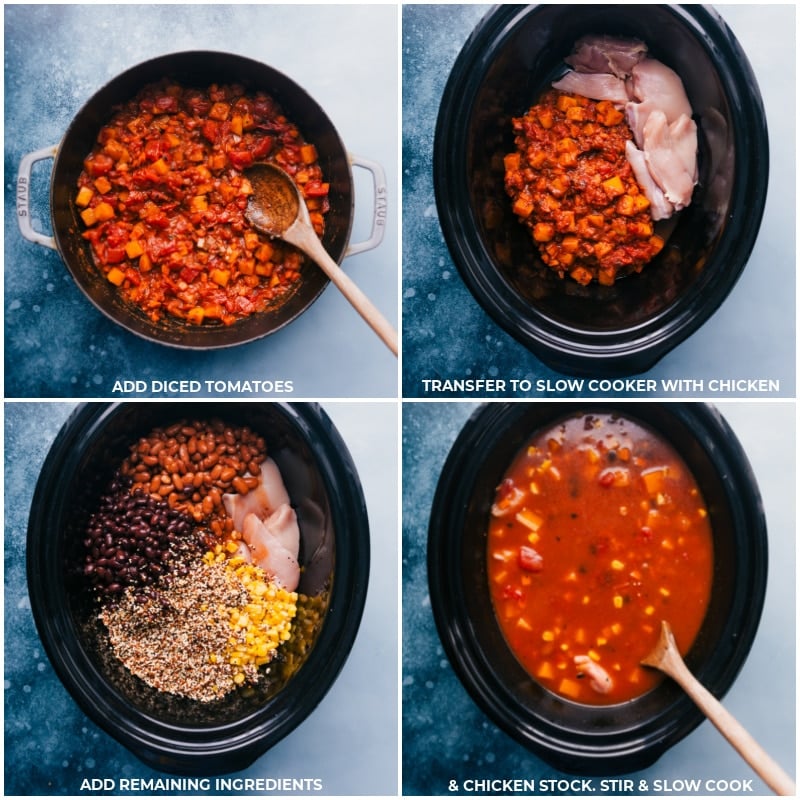 Process shots of Butternut Squash Chili-- images of the diced tomatoes being added, chicken being added, and remaining ingredients being added and mixed together