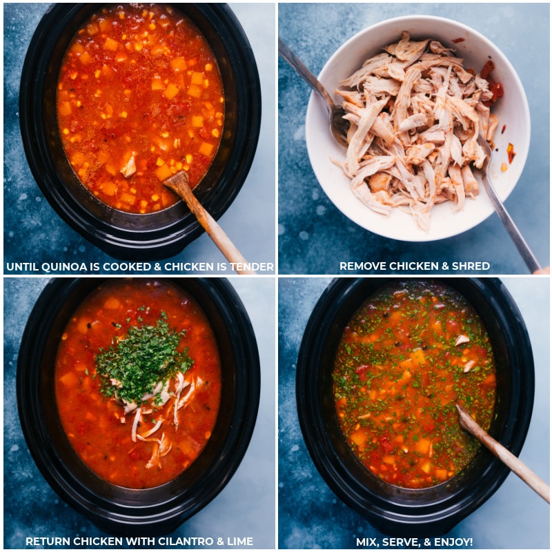 Process shots-- images of the chicken being removed and shredded and then returned back to the crockpot with cilantro and lime