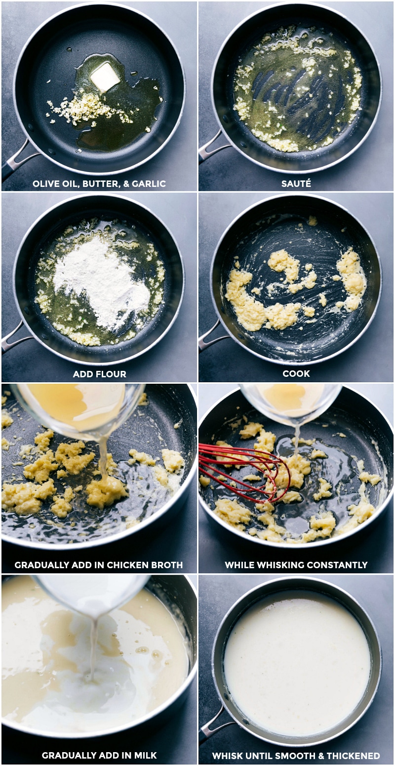 Process shots-- images of the Alfredo sauce being made: heat olive oil, butter and garlic; add flour and cook; gradually add chicken broth; whisk in milk; whisk until smooth and thickened.