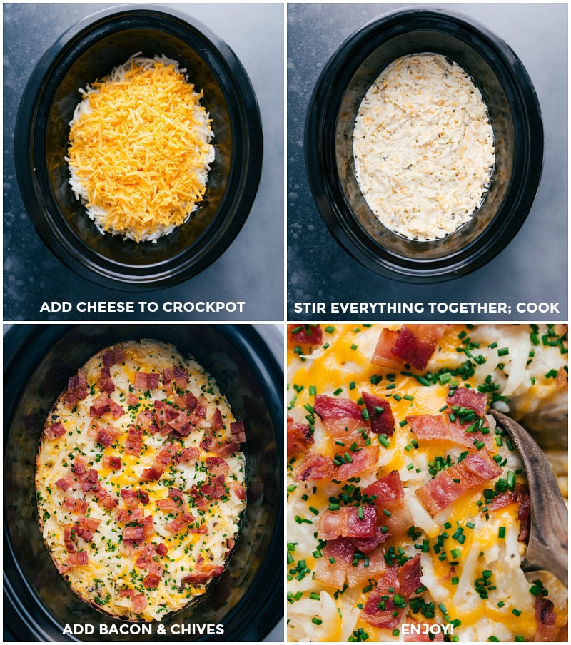 Adding cheese to the slow cooker mix for the crockpot hashbrown casserole, stirring, cooking, then topping with bacon and chives, with the finished dish ready to serve.