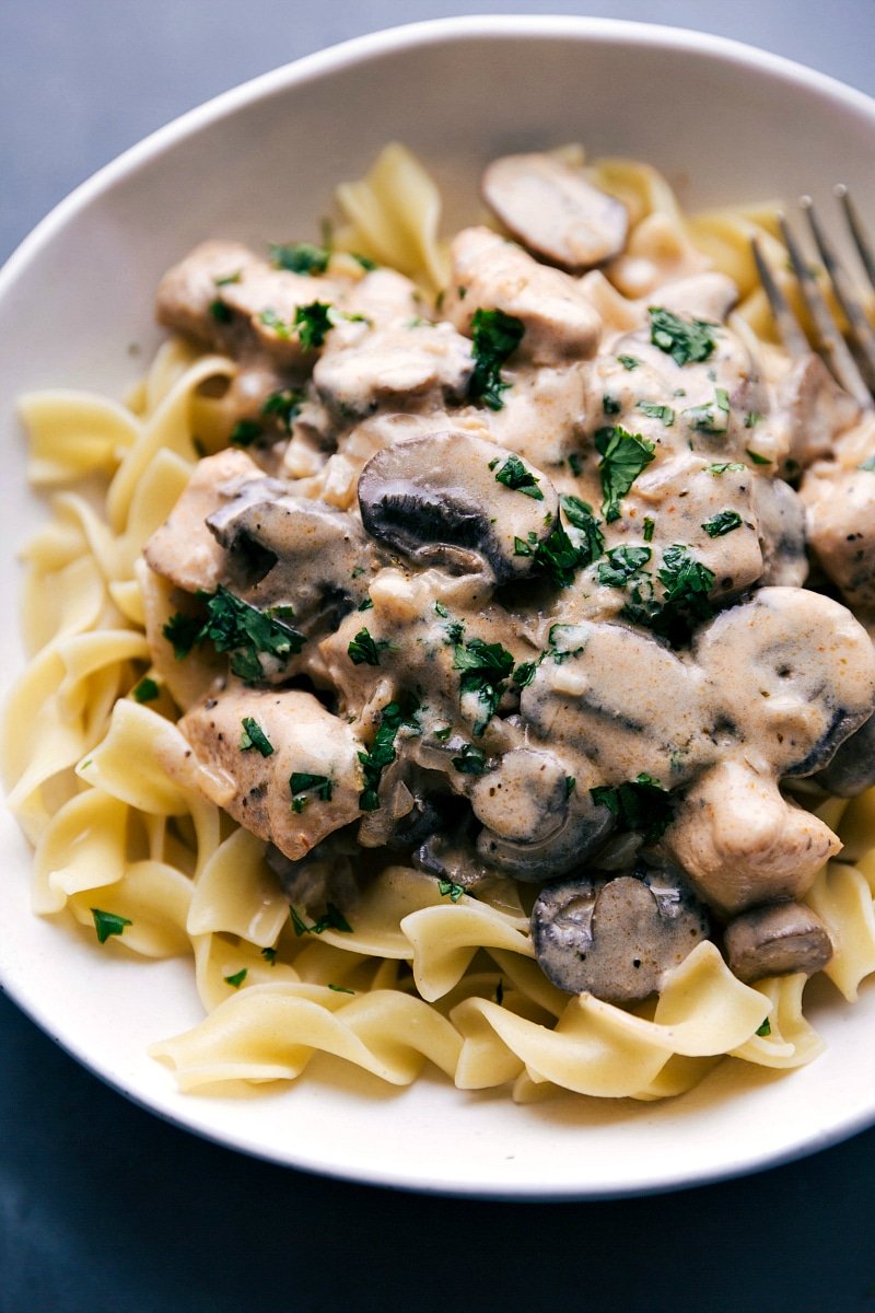 Finished chicken stroganoff recipe with noodles and chicken smothered in creamy sauce.