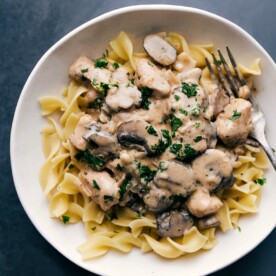Chicken Stroganoff covered in a creamy sauce, ready to serve.
