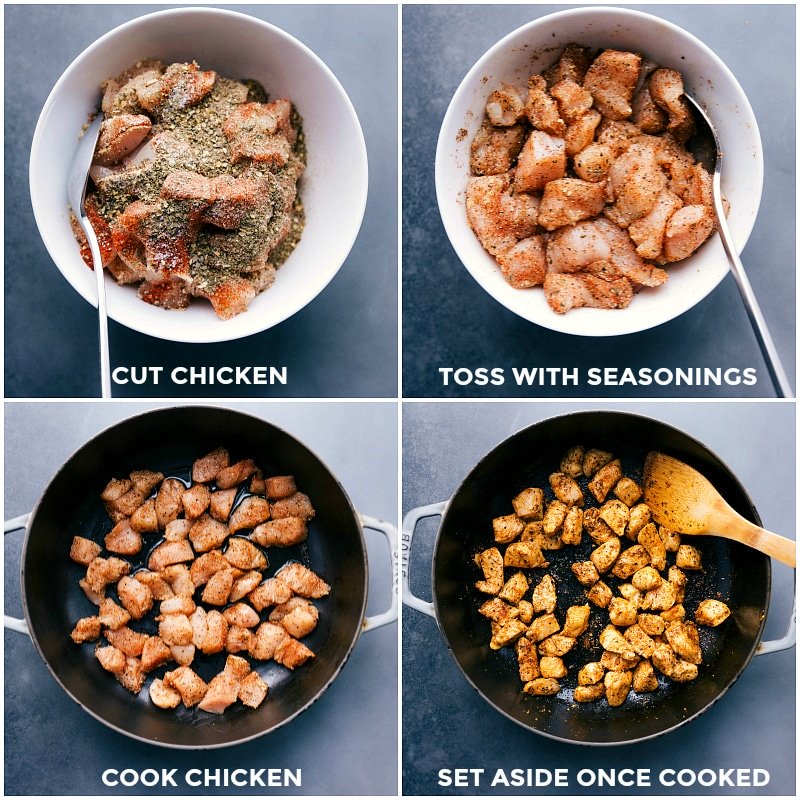 Process shots-- images of the cut chicken being tossed with seasonings; cooked in a skillet; set aside when cooked.