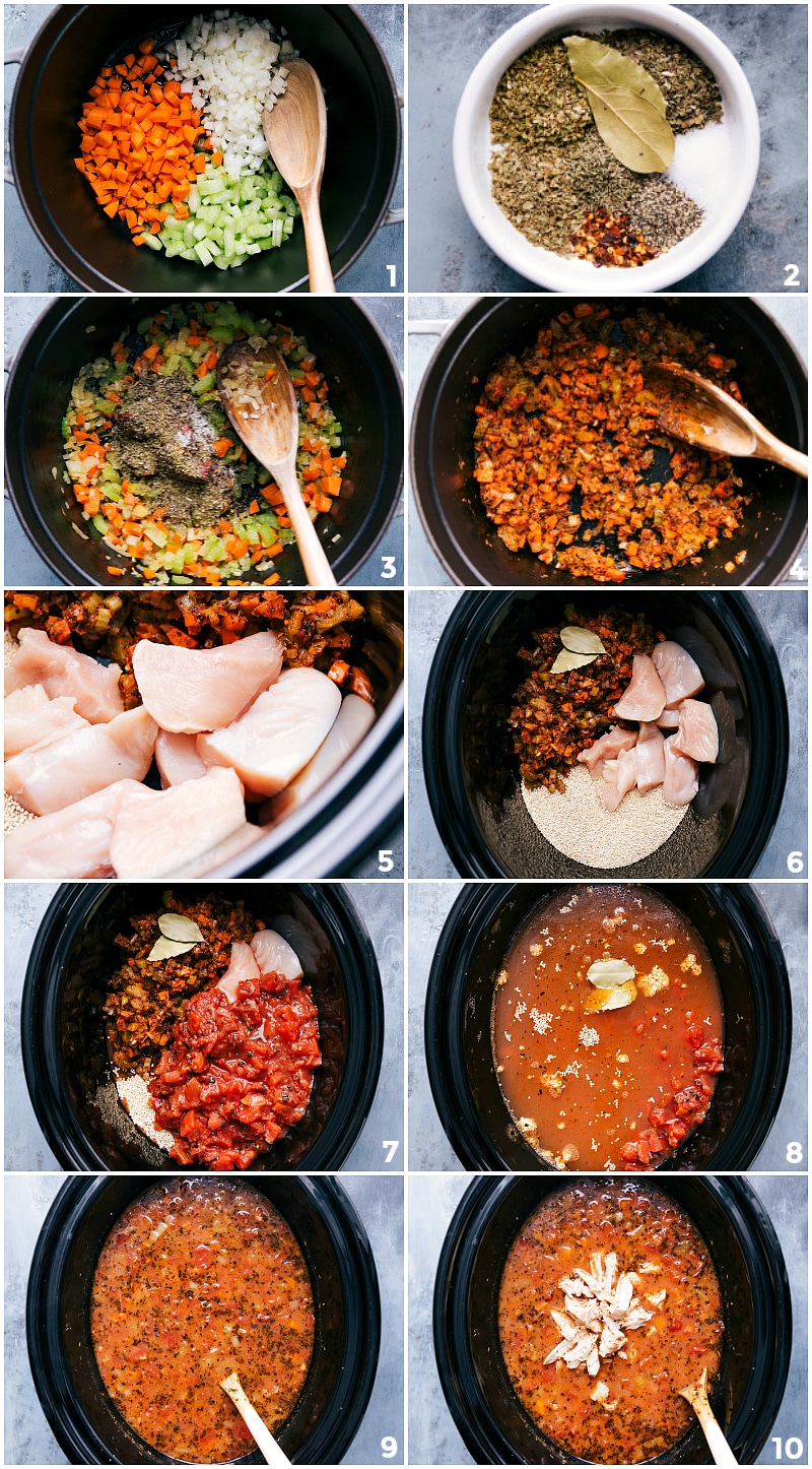 Ingredients, including vegetables, chicken, and quinoa, being added to a crockpot, and being stirred together before cooking.