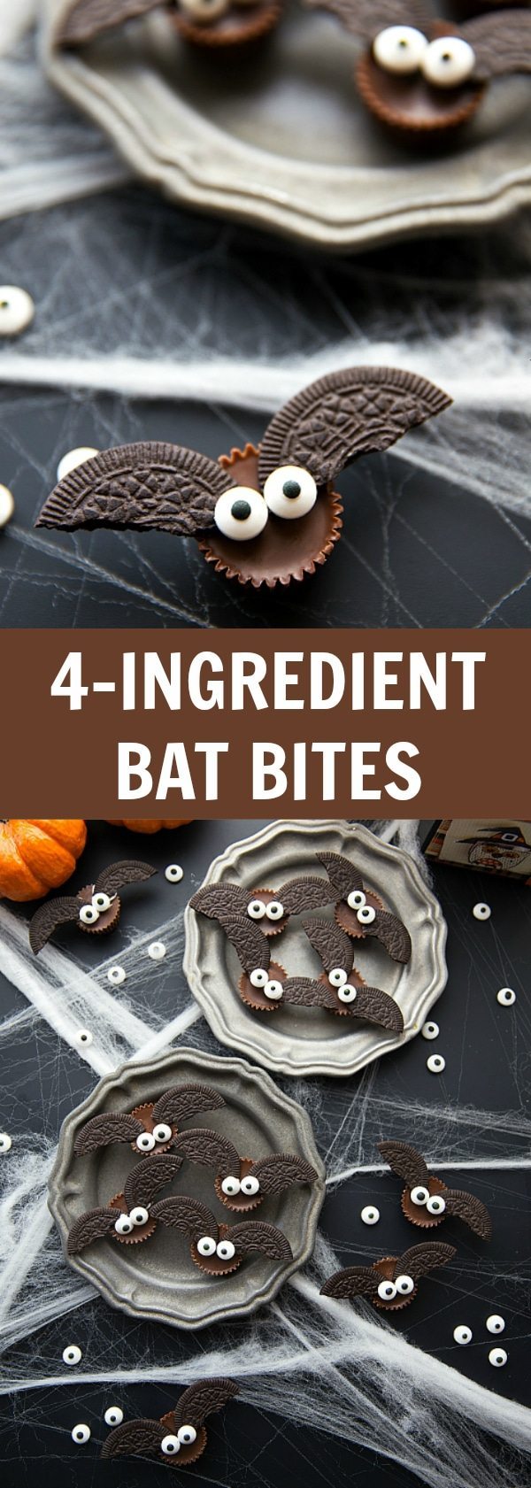 Easy, cute, festive, and fun-to-make Halloween treats -- each with four ingredients or less. Monster eyeballs, witches hats, witches brooms, and bat bites. Video tutorial included! Recipes via chelseasmessyapron.com