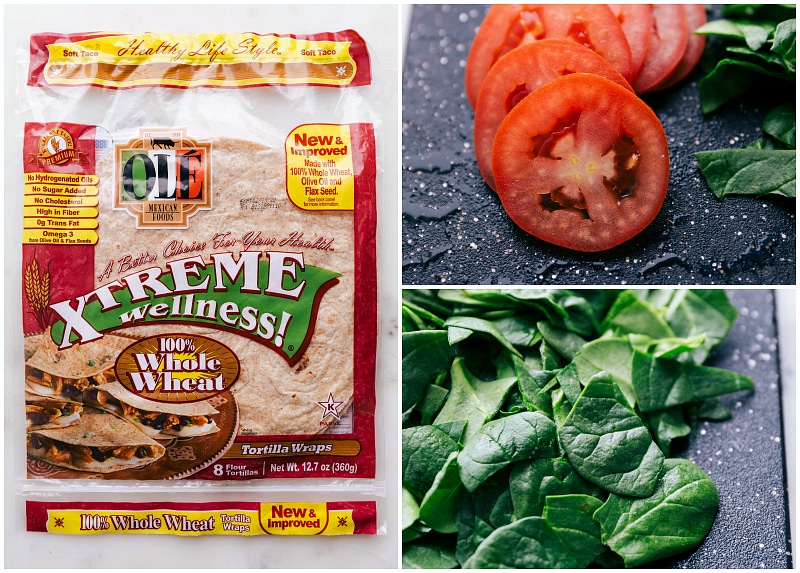 Ingredients for egg wrap, including tortillas, freshly cut tomatoes, and chopped spinach, ready for a wholesome meal.