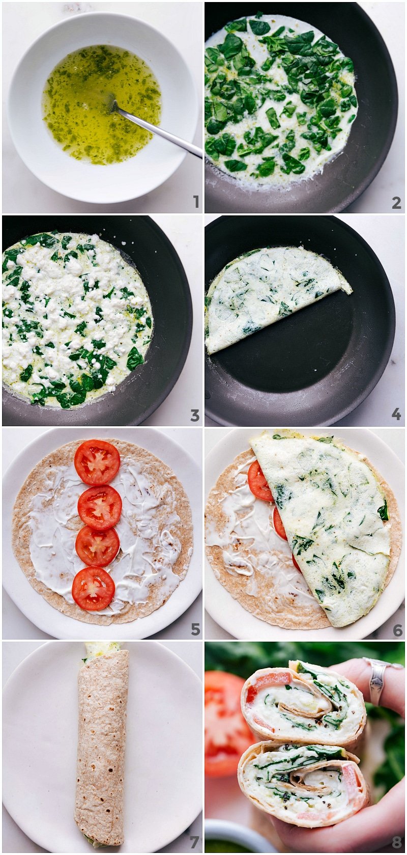 Preparation of egg white wraps: mixing egg whites with pesto, adding spinach, and rolling up in a tortilla.