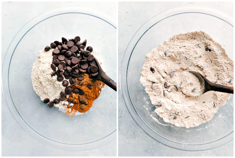 Photos of healthy pumpkin bread being made -- dry ingredients being combined.