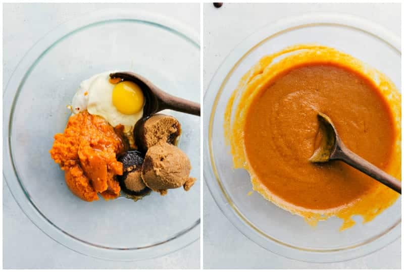 Photos of healthy pumpkin bread being made -- wet ingredients being mixed.