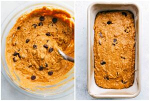 Adding batter into a greased baking pan.