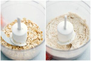Making homemade oat flour by pulsing old-fashioned oats.