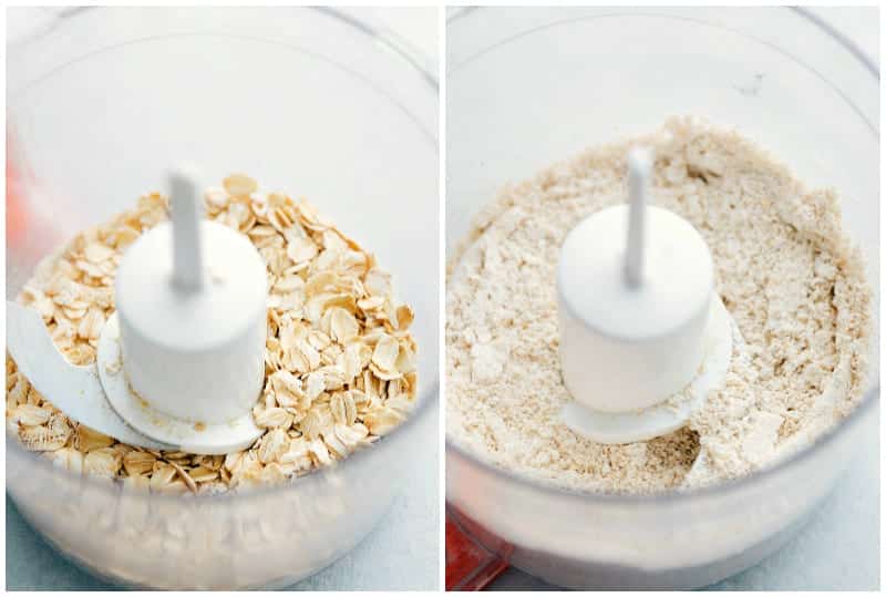 Creating oat flour for the gluten free pumpkin cake recipe, blending oats into a fine powder.