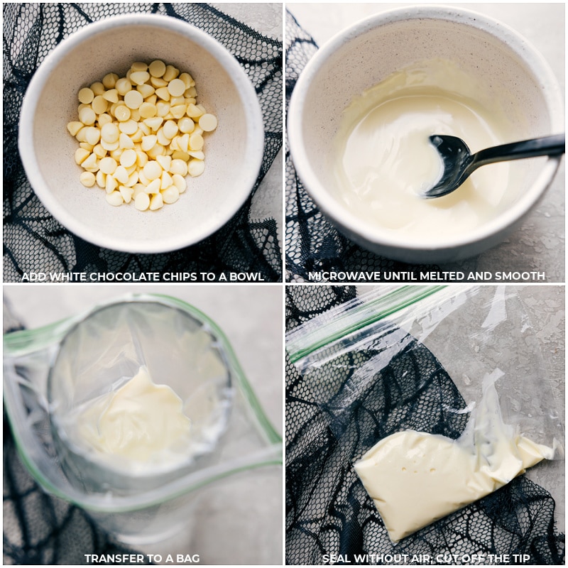 Process shots of Halloween Bat Treats-- images of the white chocolate being melted and added to a bag for piping