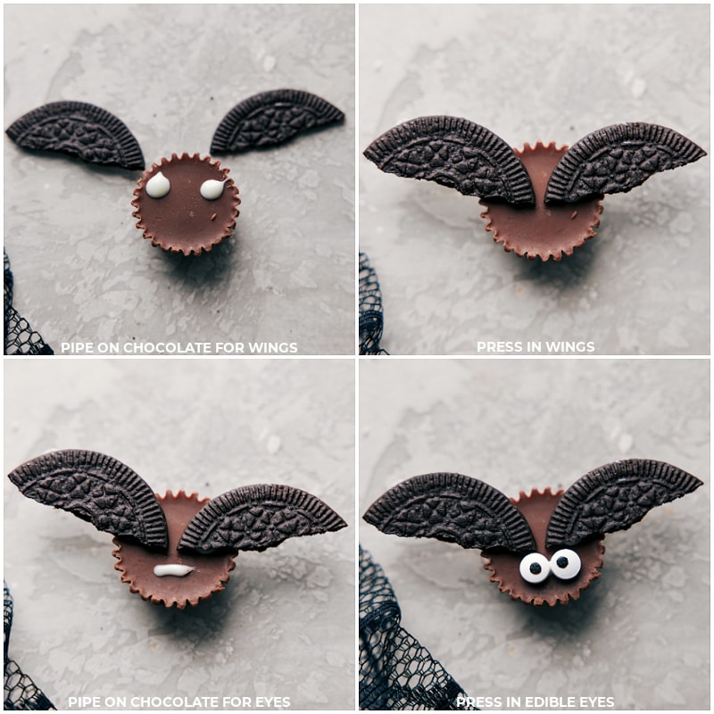 Process shots of Halloween Bat Treats-- images of the Oreo "wings" going onto the Reese's Miniatures, and then edible eyes going on