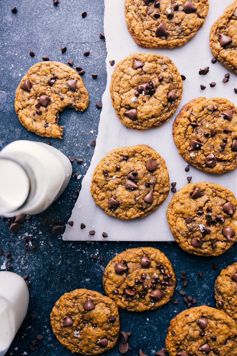 Overhead image of all the Pumpkin Oatmeal Chocolate Chip Cookies