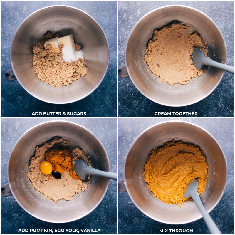 Process shots-- images of the butter and sugars being creamed together, then the pumpkin, egg, and vanilla being added