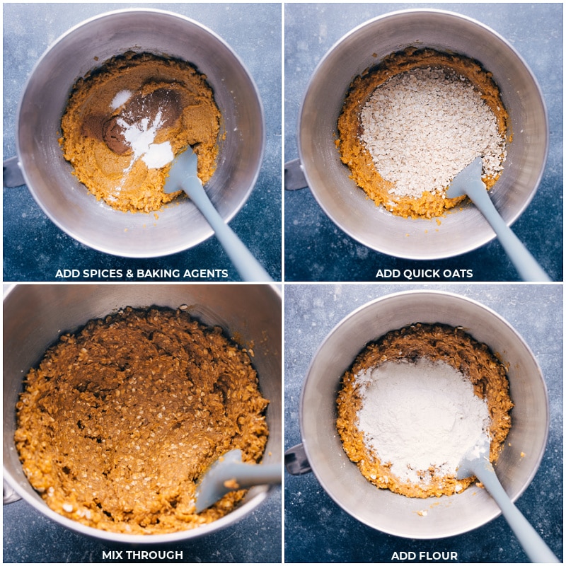 Process shots of Pumpkin Oatmeal Cookies-- images of the spices, baking agents, oats, and flour being added to the dough