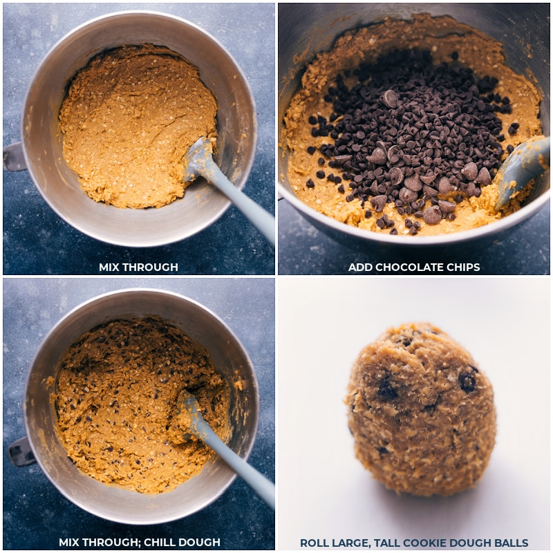 Process shots-- images of the chocolate chips being added to the dough and the dough balls being rolled out