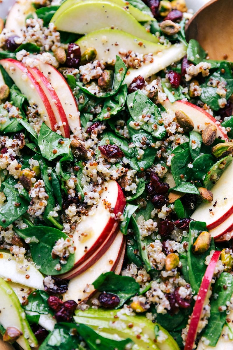 Up-close overhead image of the salad tossed and ready to be eaten.