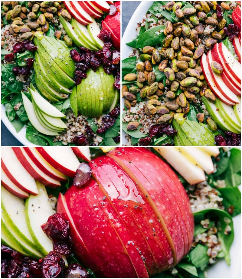 Sliced pears and apples being added to the cranberry apple quinoa salad.