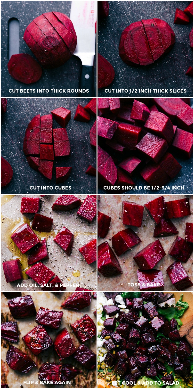 Beets being cut and prepared in various stages, leading up to roasting.