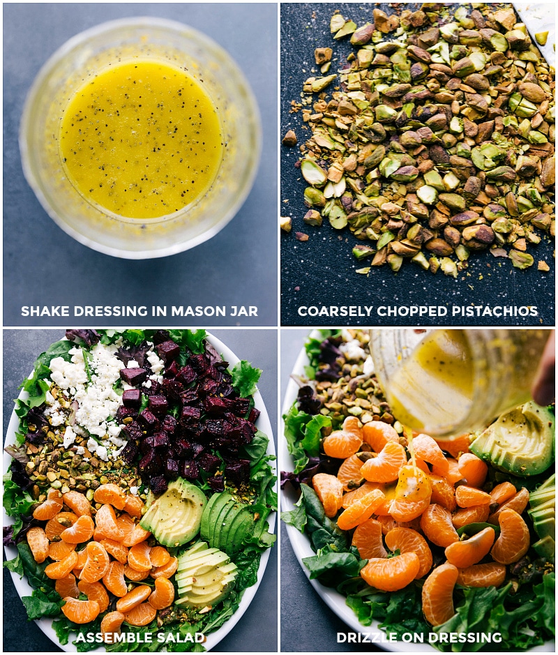 Dressing in a jar, alongside chopped pistachios, with the beet and goat cheese salad assembly.