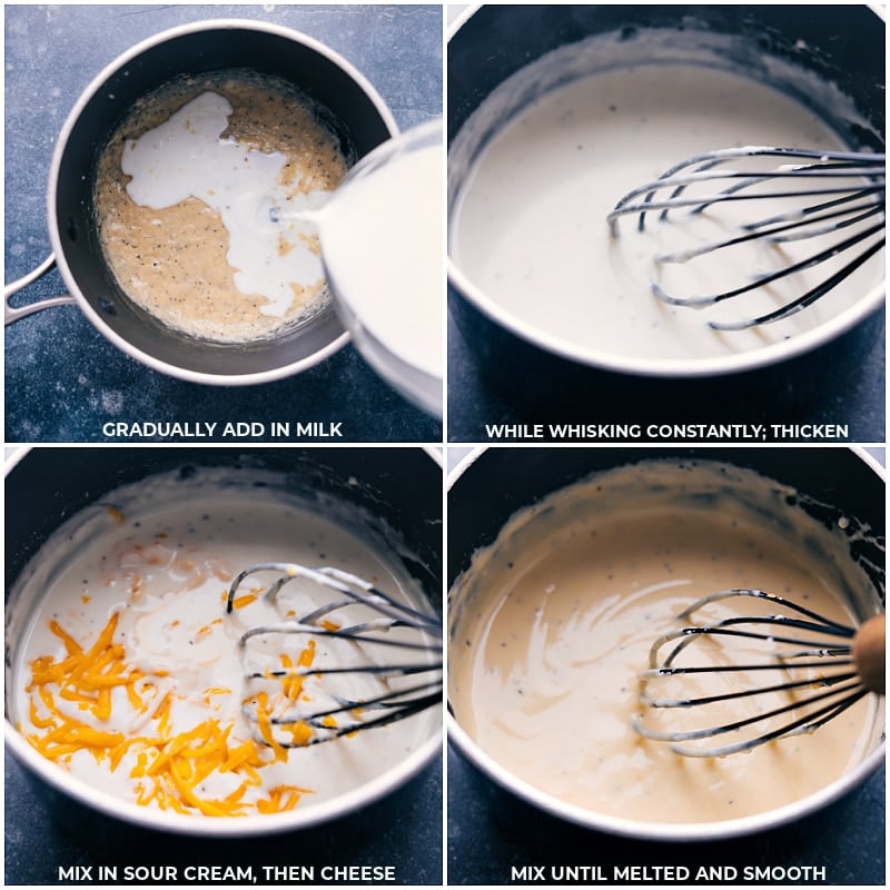 Process shots of Crockpot Au Gratin Potatoes- images of the milk, sour cream, and cheese being melted together