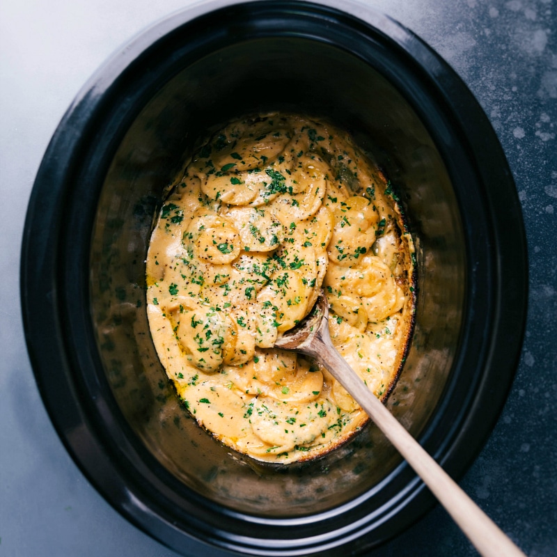 Overhead image of the Crockpot Au Gratin Potatoes ready to be enjoyed