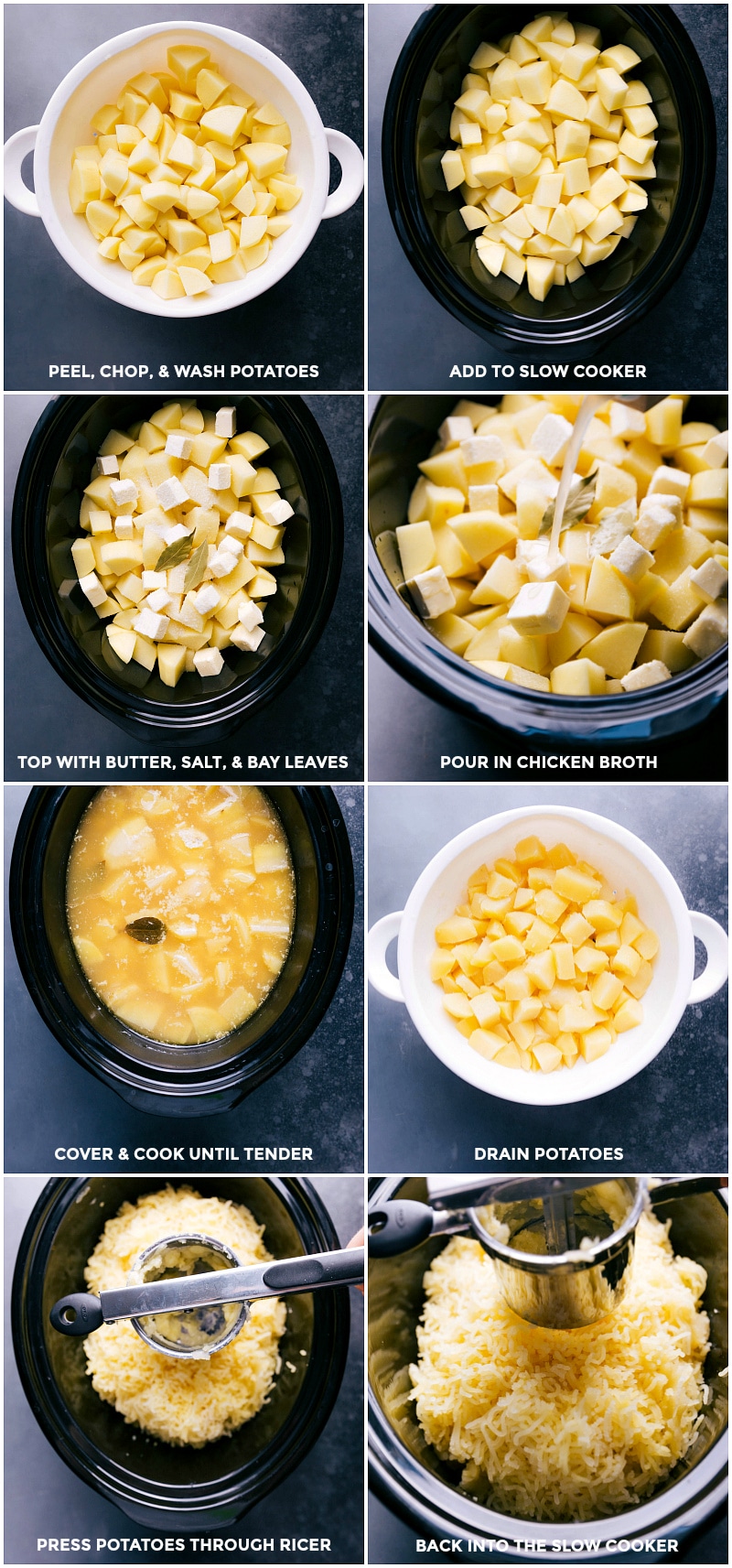 Chopped potatoes being added to a slow cooker with butter, salt, bay leaves, and chicken broth, then cooked, drained, pressed through a ricer, and returned to cooker.