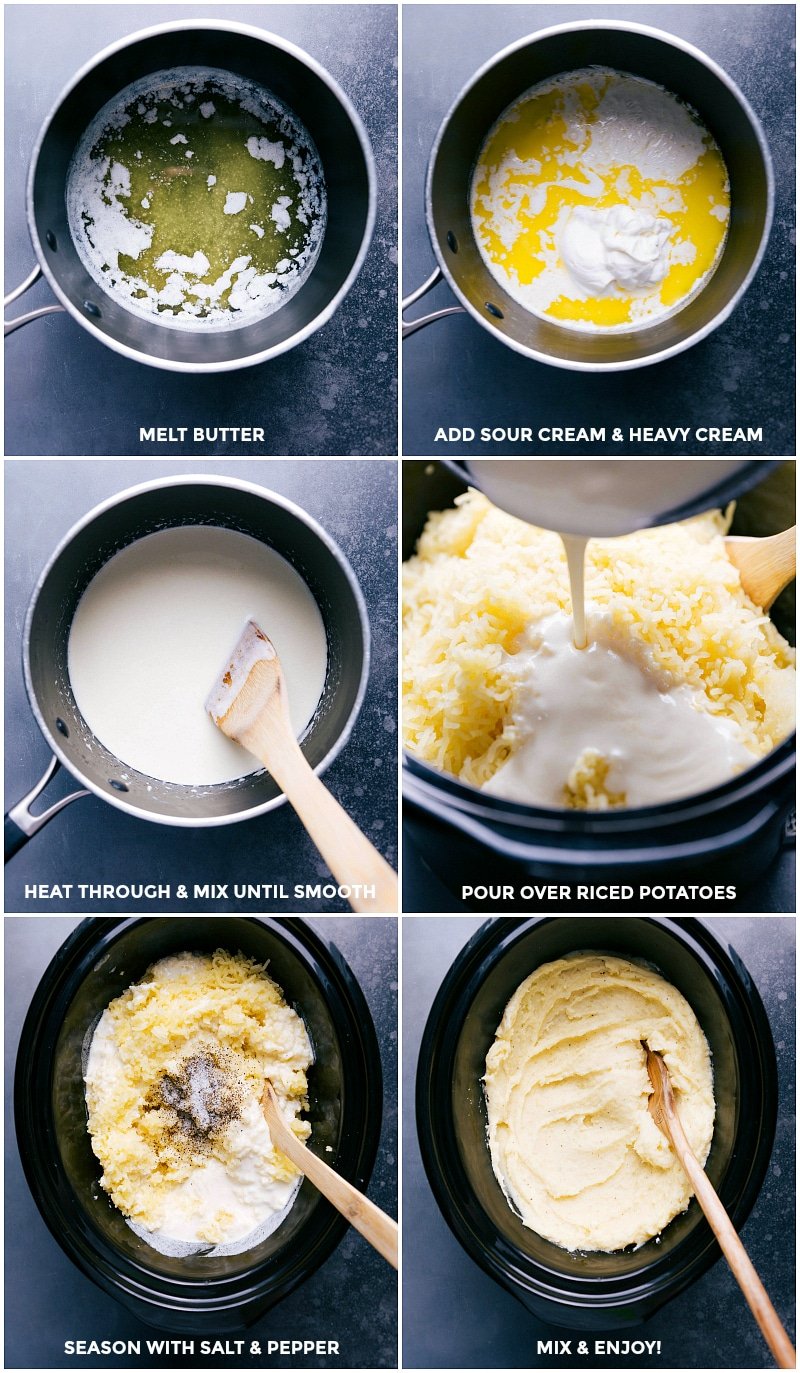 Cream sauce being prepared and added to mashed potatoes, seasoned with salt and pepper, mixed together and ready to serve.