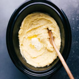 Creamy crockpot mashed potatoes, perfectly seasoned and ready to be enjoyed.