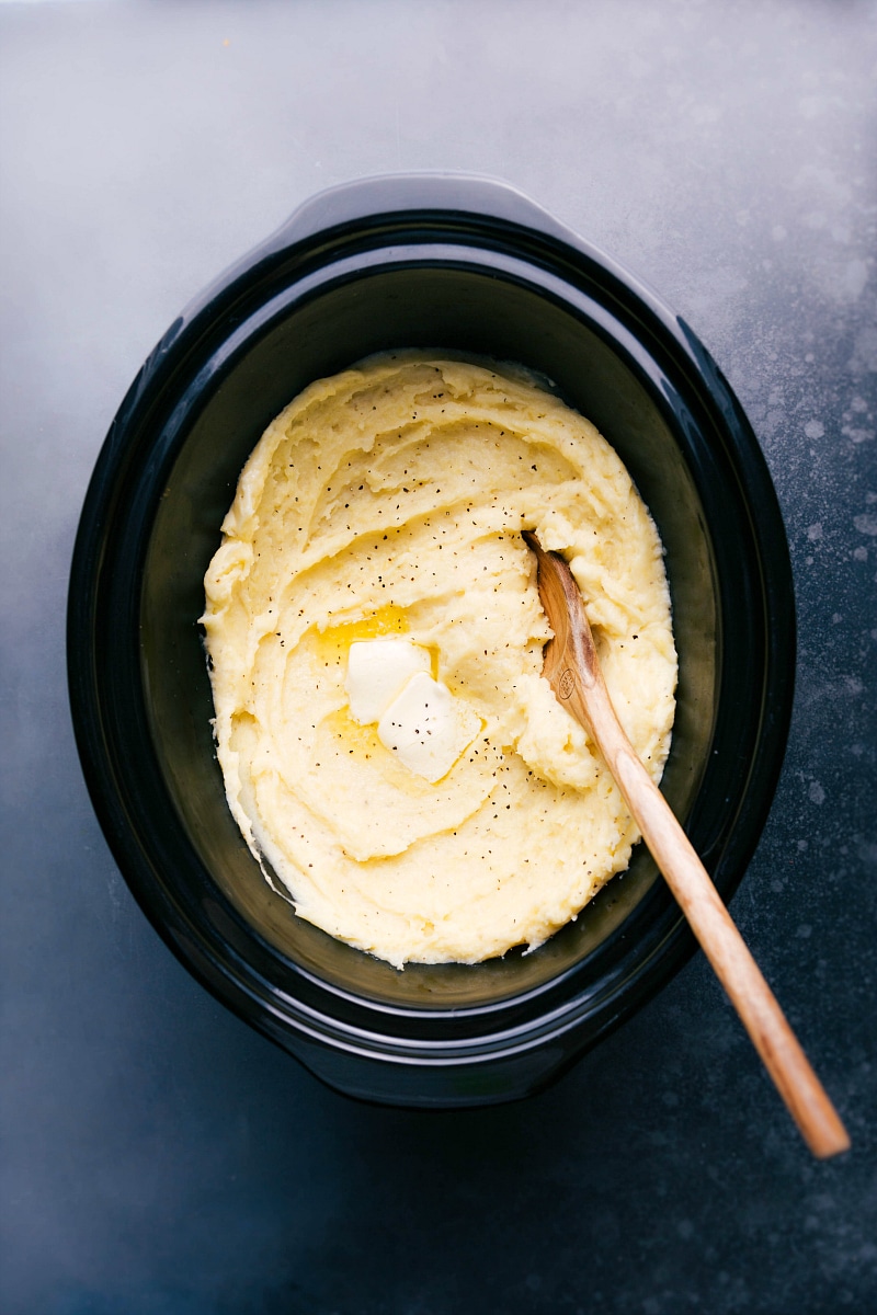 Creamy crockpot mashed potatoes, perfectly seasoned and ready to be enjoyed.