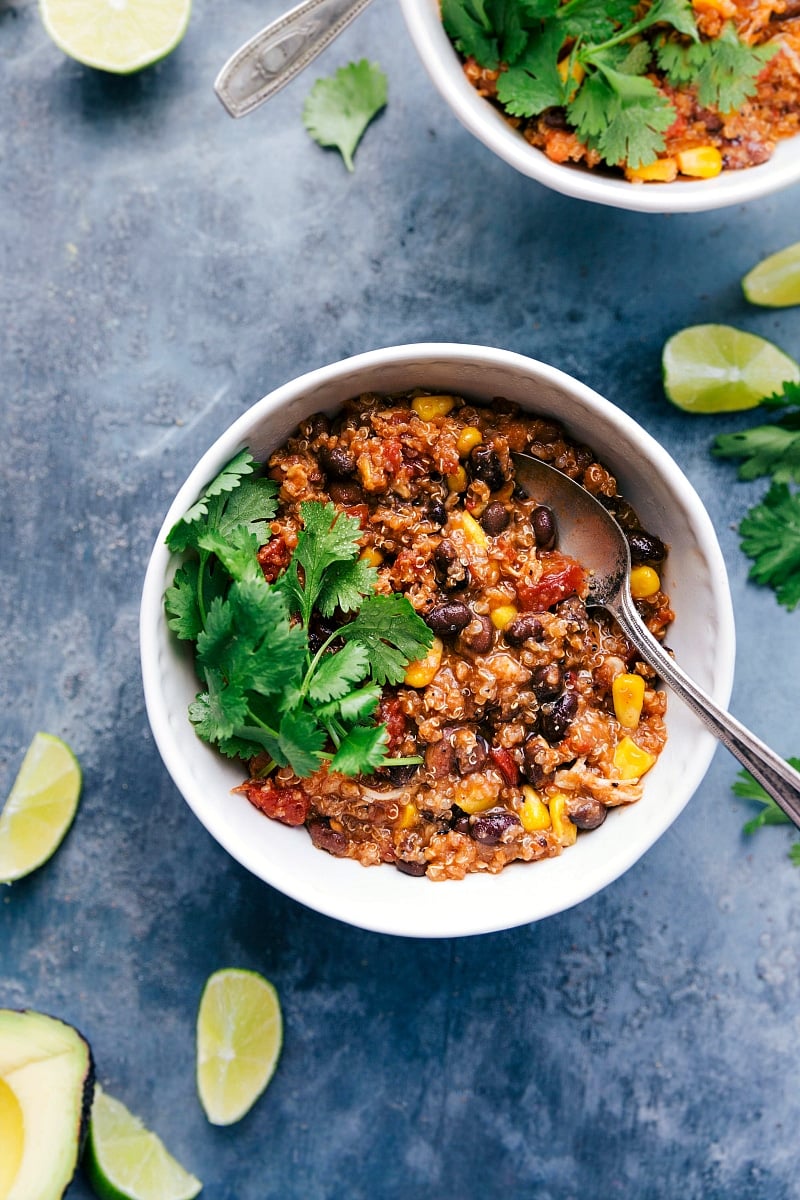 Overhead image of the Crockpot Quinoa Chili with cilantro on the side ready to eat.